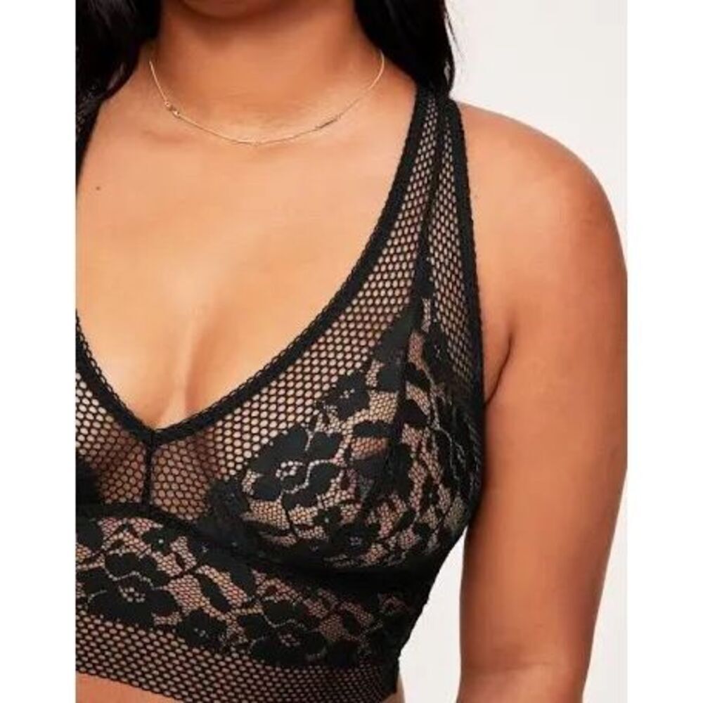Adore Me Jamie Unlined Bralette Racerback Mesh and Lace Black Medium